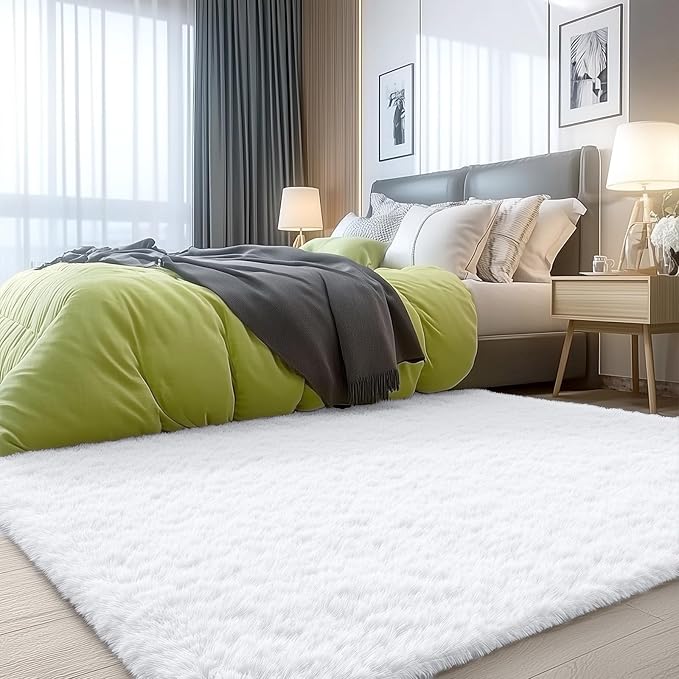 OLANLY 4x4 Machine Washable Accent Rug, Soft Fluffy Shaggy Area Rug for Bedroom, Living Room, Indoor Floor Carpet for Kids, Nursery, Home Decor, White