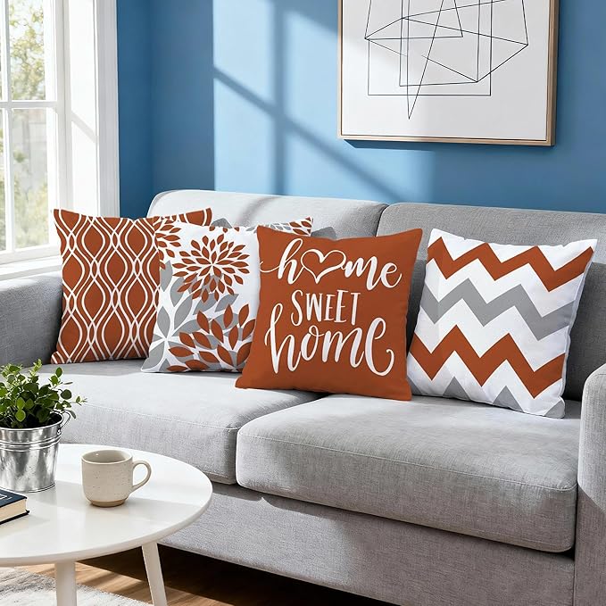 Hexagram Geometric Burnt Orange Pillow Covers 20x20 Set of 4, Decorative Outdoor Boho Modern Throw Pillow Covers, Home Sweet Home Farmhouse Cushion Case for Couch Sofa Bedroom Indoor Decor(No Insert)
