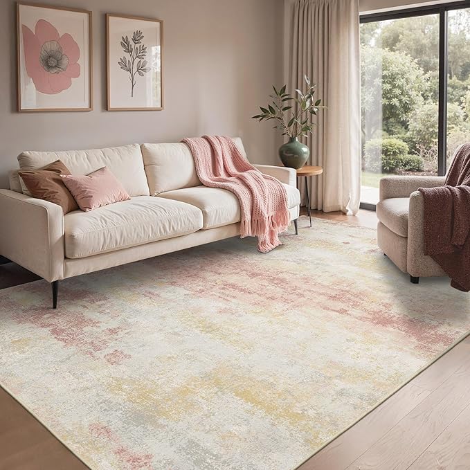 Area Rugs 8x10 for Living Room Bedroom, Modern Abstract Machine Washable Rug, Large Soft Low Pile Floor Carpet with Non Slip Backing for Dining Room, Pink/Cream