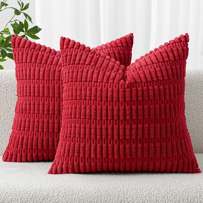 MIULEE Pack of 2 Red Corduroy Decorative Pillow Covers 18x18 Inch Soft Boho Striped Throw Pillow Covers Modern Farmhouse Home Decor for Sofa Living Room Couch Bed