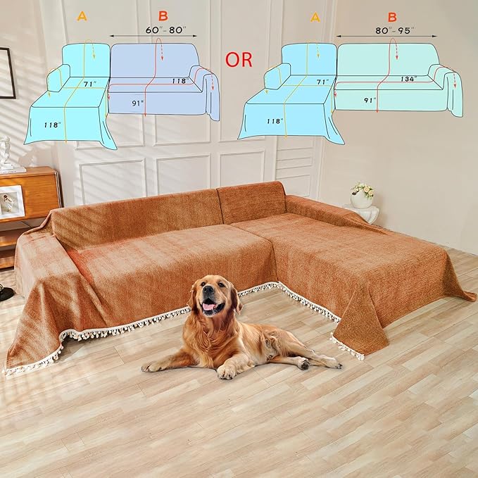 HANDONTIME Dark Orange Sofa Covers Couch Cover for Dogs Colorful Tassel Lovetseat Cover Pet Couch Cover Bohemian Sofa Cover for Couch Vintage Boho Couch Covers Futon Cover Pet-Friendly, 91" X134"