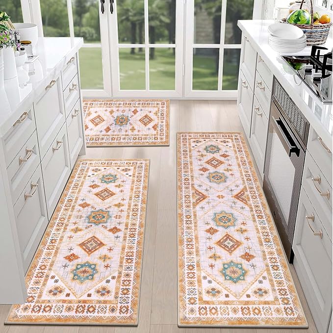HEBE Boho Kitchen Rug Sets 3 Piece with Runner Non Slip Kitchen Rugs and Mats Washable Kitchen Mats for Floor Thick Kitchen Floor Mat Carpet Runner Rugs for Hallway Laundry Holiday Decor
