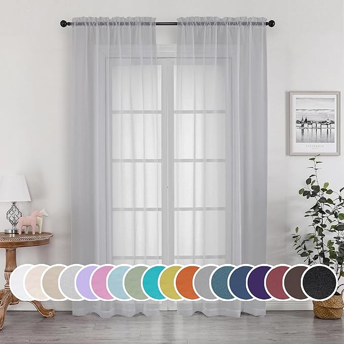OWENIE Light Grey Sheer Curtains 84 inches Long 2 Panels Set for Bedroom Living Room, Soft Solid Living Room Sheer Curtain, Rod Pocket Light Filtering Farmhouse Curtains, 2 Pcs Each 42“ W x 84" L