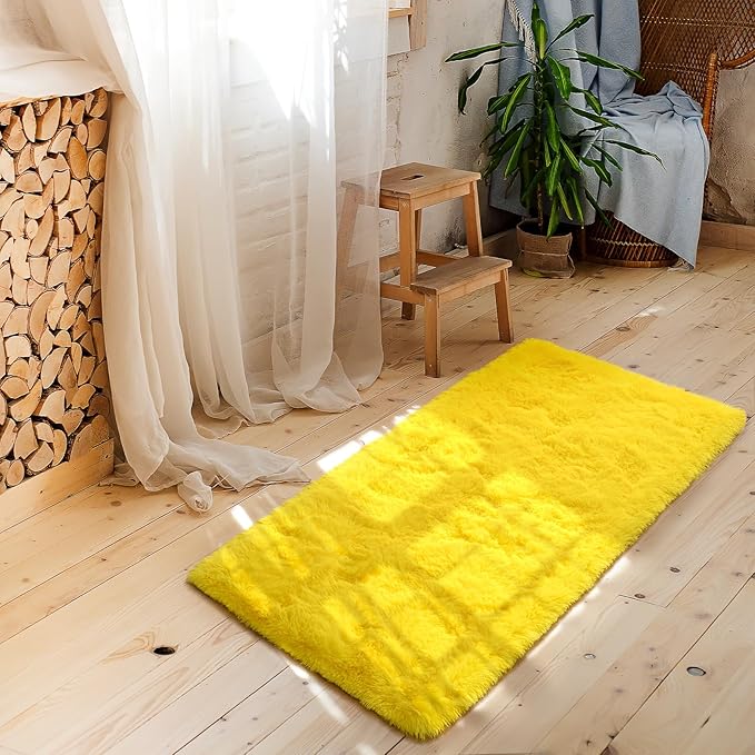 Amearea Shag Fluffy Small Rug, 2x4 Feet Throw Rugs for Bedroom Girls Living Room, Extra Soft and Fuzzy Shaggy Carpet, Non Slip, Solid Color Nursery Home Floor Decor Carpets, Yellow