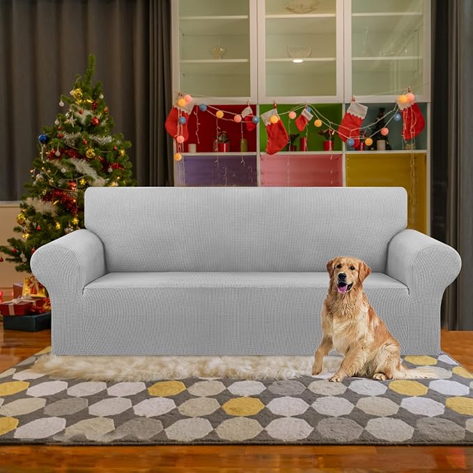 KEKUOU Stretch Sofa Cover Slipcover ，Couch Covers for 3 Cushion Couch Sofa pet Friendly (78"-94") Furniture Protector Sofa with Elastic Bottom for Kids,Dog, Jacquard Small Checked(Large,Silver)