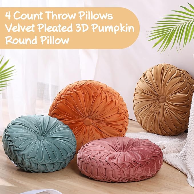Kathfly Set of 4 Decorative Round Pleated Throw Pillows, Classy Velvet Pumpkin Round Throw Pillows, Decorative Floor Pillow for Bed Chair Home Sofa Decor, 14" Diameter(Colorful)