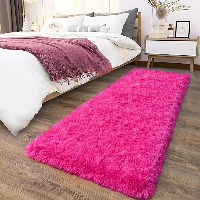 Soft Shag Runner Rugs for Girls Bedroom, 2x6 Hot Pink Fluffy Throw Area Rug Non Slip for Hallways Kids Bedside Dorm, Long Shaggy Furry Carpet for Nursery Living Room