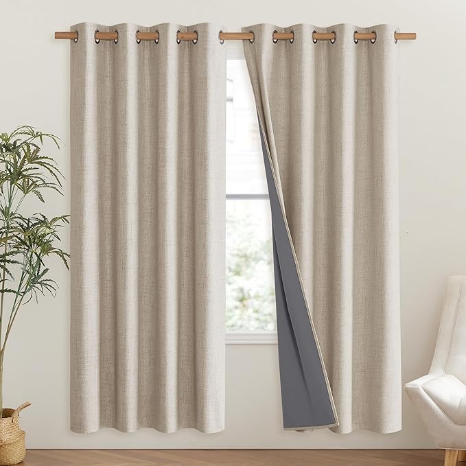NICETOWN Oatmeal Bedroom Full Blackout Linen Curtain Panels Set of 2, 52" by 72", Thick Insulated Classic Grommet Blackout Draperies with White Thermal Insulated Liner for Windows