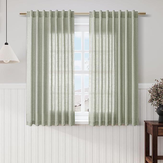 Sage Green Linen Sheer Curtains 54 Inch Length 2 Panel Set Back Tab Rod Pocket Semi Sheer Light Filtering Short Curtain Soft Elegant Aesthetic Small Window Drapes for Bathroom 52x54 Inches Long