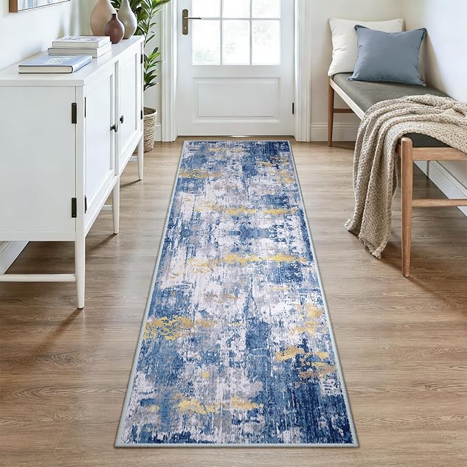 Washable Area Rugs 2'6''x8 Non-Slip Modern Abstract Soft for Living Room Entryway Bedroom Nursery, Print Pattern, Grey Blue Gold/Golden