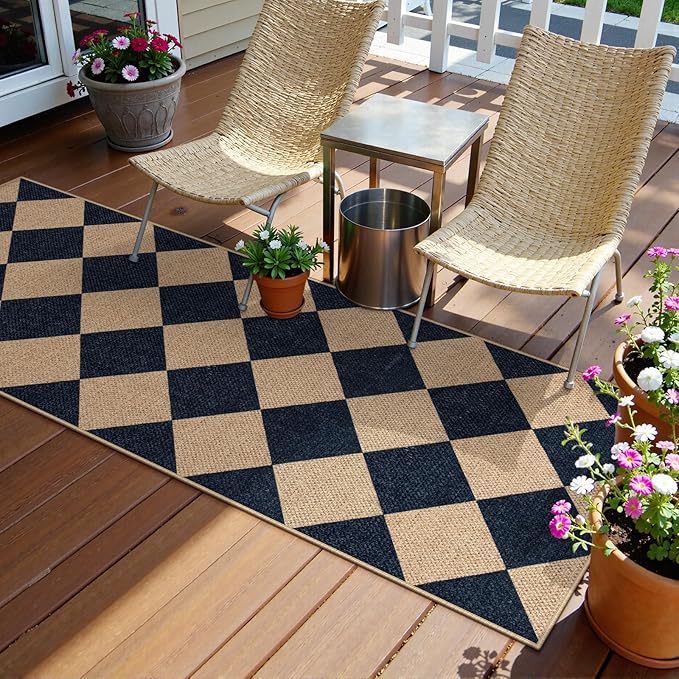 Lahome Colette Checkered Easy Jute Runner, 2x6 Kitchen Runner Rug Non Slip Washable Outdoor Rug for Entryway Indoor, Checkerboard Black Indoor Outdoor Carpet for Hallway 6ft Entry Front Door