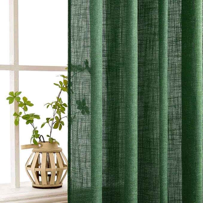 MIULEE Emerald Green Linen Curtains 72 Inch Length for Bedroom Living Room, Soft Thick Linen Textured Window Drapes Semi Sheer Light Filtering Back Tab Rod Pocket Burlap Look Christmas Decor, 2 Panels