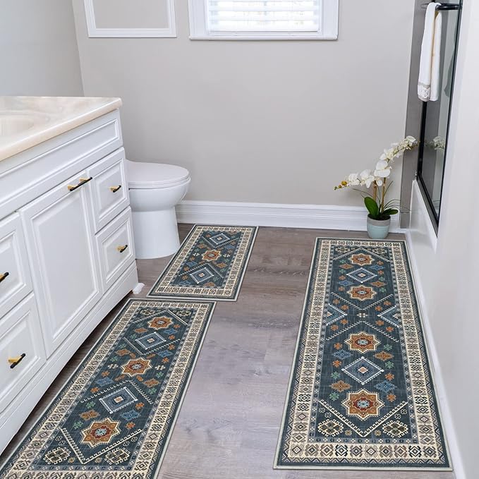 HEBE Boho Kitchen Rug Sets 3 Piece with Runner Non Slip Kitchen Rugs and Mats Washable Kitchen Mats for Floor Thick Kitchen Floor Mat Carpet Runner Rugs for Hallway Laundry Holiday Decor