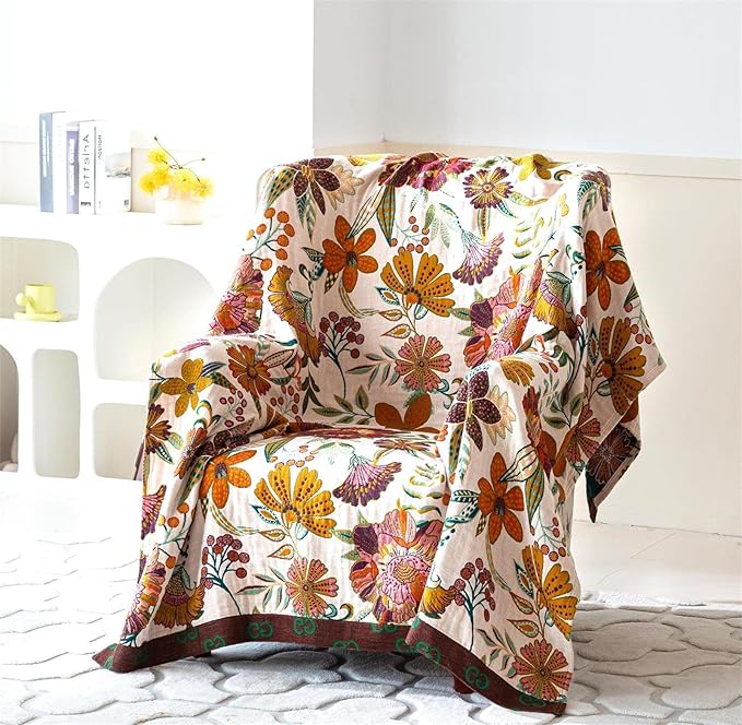MSGKV Spring Throw Blanket for Couch, 100% Cotton Muslin Breathable Woven Bed Throws 60''x80'' Boho Vintage Quilt for All Seasons Lightweight Farmhouse Blankets Home Decoration