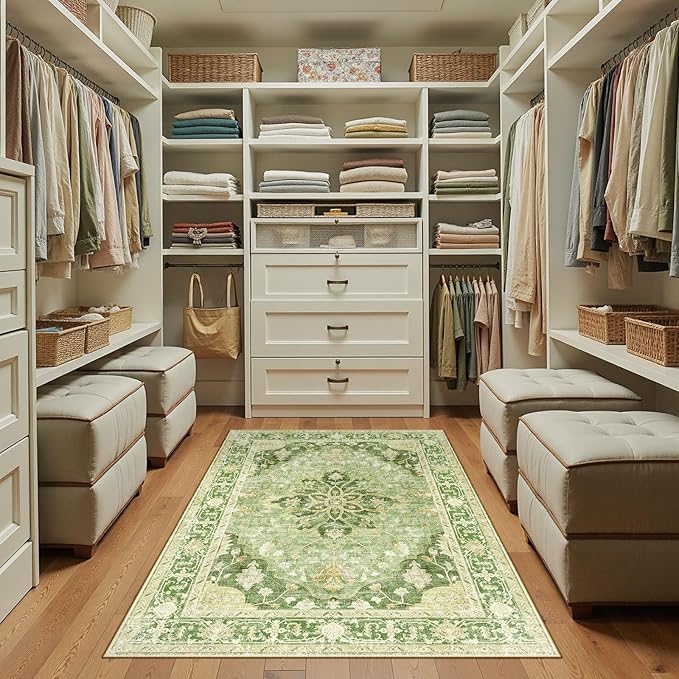 Area Rugs 3'x5' Washable Non-Slip, Floral Vintage Distress Print Pattern Medallion Carpet for Living Room Bedroom Dining Room, Sage Green Yellow