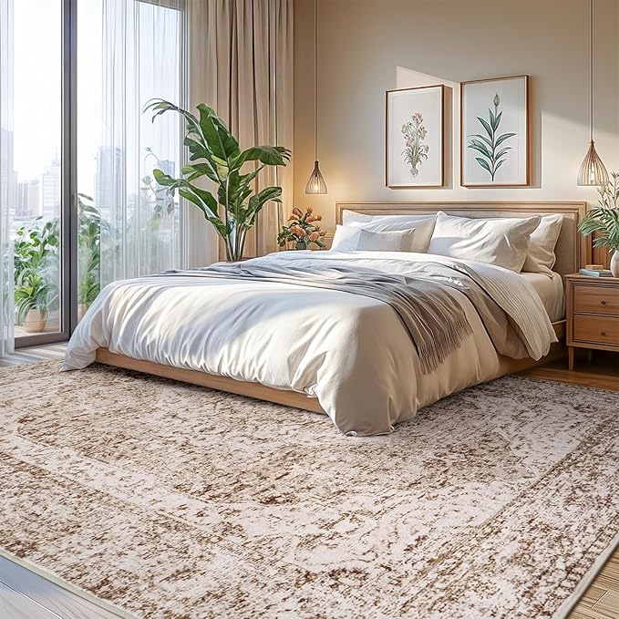 Lofus 5x7 Area Rugs for Living Room, Washable Area Rug, Rugs for Bedroom, Kitchen, Vintage Boho Carpet, Soft Non-Slip, Low Pile Large Area Rug for Office Dining Room, Vintage Beige Brown