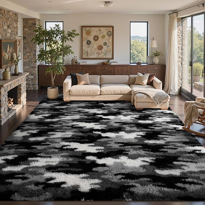 8x10 Ft Extra Large Shag Rugs for Living Room, Tie Dyed Ultra Soft Fluffy Furry Area Rugs for Bedroom Indoor Floor, Aesthetic Carpet for Kids Home Decor (Grey)