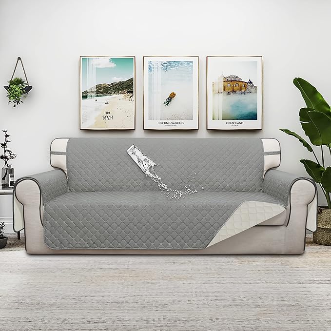 ISSUNTEX Double Protection 100% Waterproof Sofa Covers for Living Room, Couch Covers for 3 Cushion Couch Sofa, Reversible Furniture Protector Sofa Cover for Dogs, Pets, Kids (Sofa, Light Gray/Ivory)