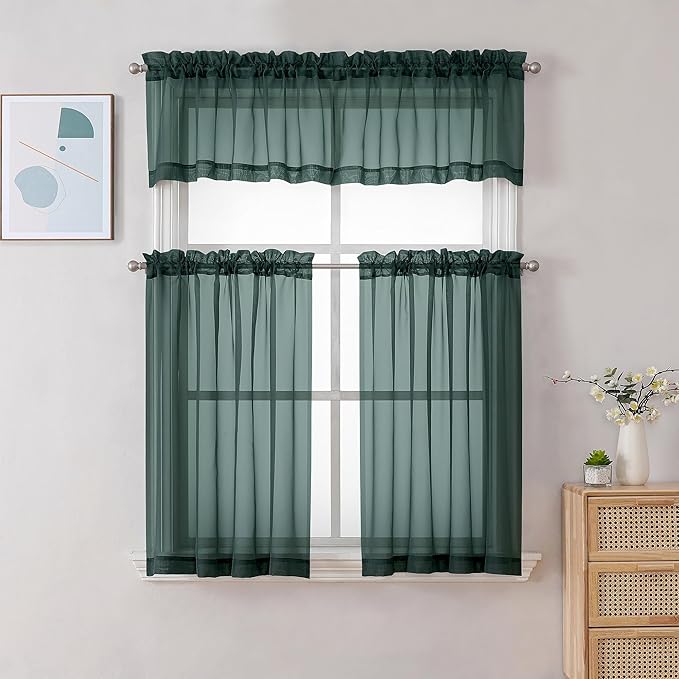 Chyhomenyc Sheer Hunter Green Kitchen Tier Curtains 24 Inch Length Set, Small Window Curtains Treatment for Bathroom/Living Room/Cafe/Basement, Short Voile Curtain Tiers 42in x 24in, Rod Pocket, 2 PCS