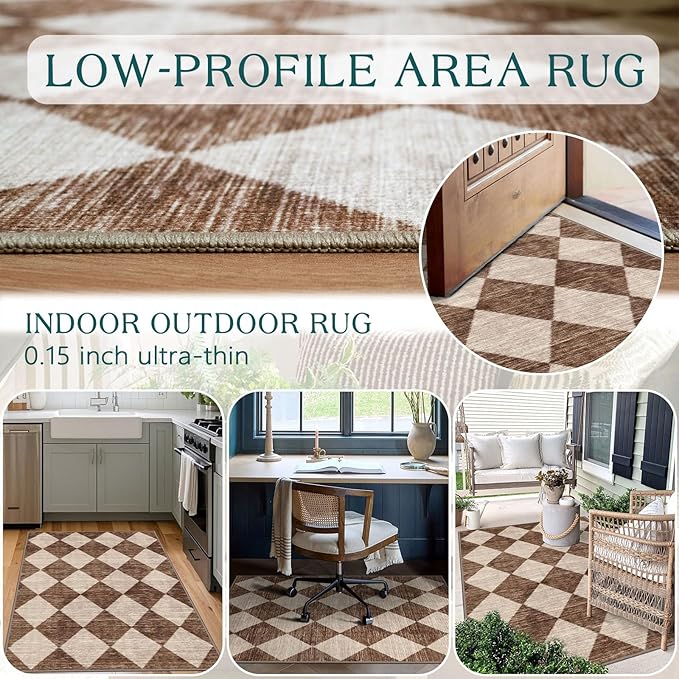 Brown Beige Checkered Entry Rug - 3x5 Non-Slip Washable Indoor Outdoor Front Door Mat Porch Rug Farmhouse Diamond Throw Carpet for Living Room Bedroom Entryway Kitchen Office Fall Porch Decor