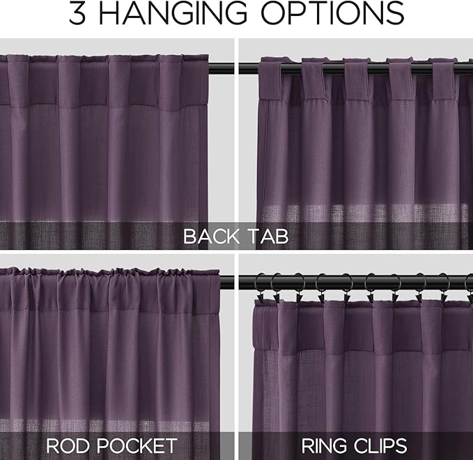 Plum Linen Curtains 72 Inch Length for Living Room Sheer Lightweight Door Drapes 2 Panels Set for Kids Bedroom Light Filtering Back Tab Rod Pocket Curtain for Kitchen Protect Privacy 52x72