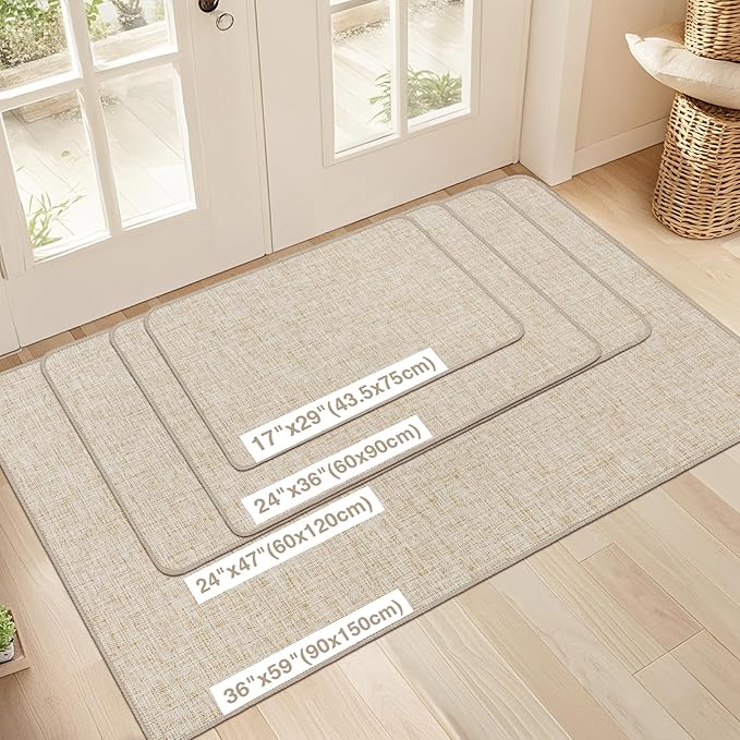 LEKEEPGO Ultra Thin Indoor Door Mat 17"x29", Low-Profile Door Mat Indoor Entrance, Non Slip Rubber Backing Inside Doormat Washable Welcome Front Entryway Dirt Trapper Entry Mat, Khaki