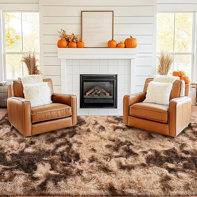 Pionblank Large Area Rug for Living Room 6x9 Feet, Modern Soft Shag Brown Rug, Plush Fuzzy Carpet for Bedroom Girls Boys Room Home Nursery Teens Dorm Decor, Tie-Dyed Coffee