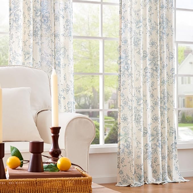 jinchan Linen Blend Curtain Floral Curtains for Living Room 84 Inch Length Blue Printed Curtain Rod Pocket Back Tab Farmhouse Peony Flower Patterned Drapes Bedroom Window Curtains Set 2 Panels