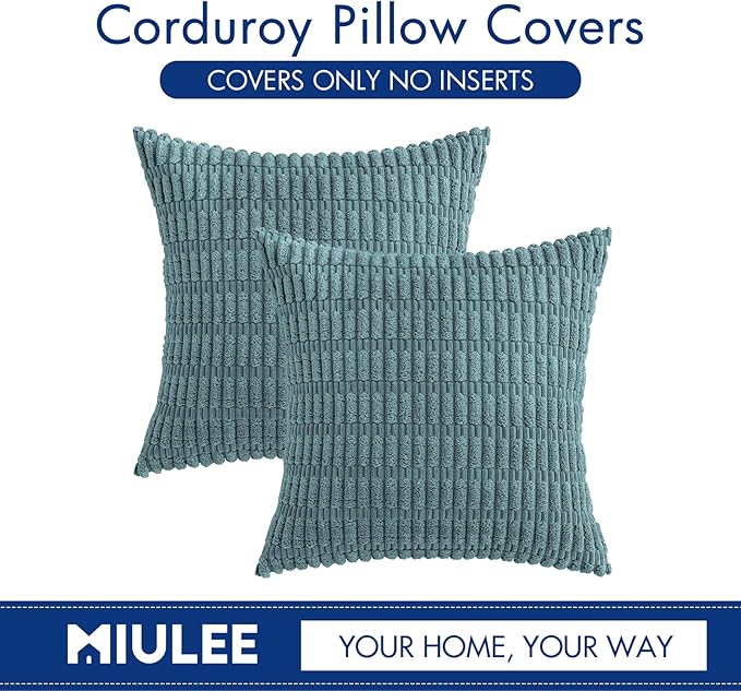 MIULEE Pack of 2 Corduroy Decorative Throw Pillow Covers 18x18 Inch Soft Boho Striped Pillow Covers Modern Farmhouse Home Decor for Summer Coastal Sofa Living Room Couch Bed Coastal Blue