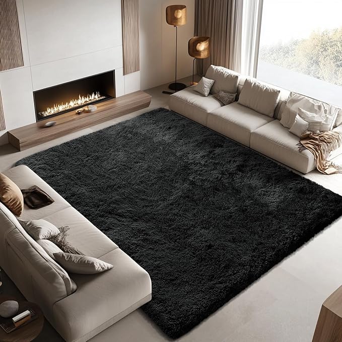 Area Rugs 10x14 Living Room, Shaggy Carpet Soft Plush Furry Bedside Rug Large Area Rugs for Bedroom Kids Girls Boys Home Decor Anti Slip(10 x 14, Black)