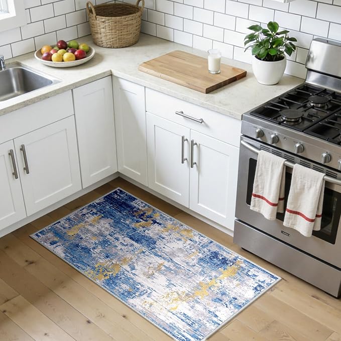 Washable Area Rugs 2'x4' Non-Slip Modern Abstract Soft for Living Room Entryway Bedroom Nursery, Print Pattern, Grey Blue Gold/Golden