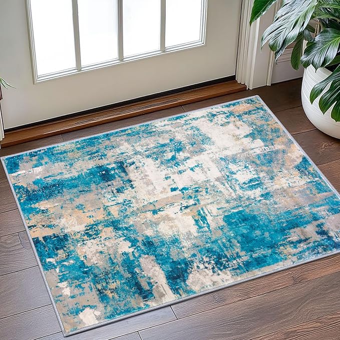 KOZYFLY Small Area Rug 2x3 Rug Entryway Rugs Indoor Non-Slip Modern Abstract Machine Washable Rug, Kitchen Mats for Floor Front Door Rug Low Pile Small Carpet Floor Mats, Turquoise/Beige/Grey/Yellow