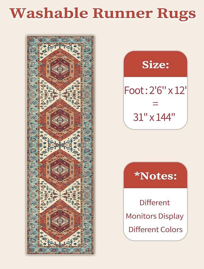 SERISSA Runner Rug for Hallways, 2'6"x12' Washable Non Slip Kitchen Runner Rug, Extra Long Boho Rug Ultra Soft Vintage Orange Print Floor Carpet for Bedroom Hallway Entryway Bathroom Laundry Room