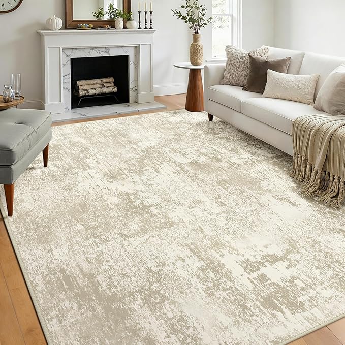 Washable Area Rugs 8'x10' Non-Slip Modern Abstract Soft for Living Room Entryway Bedroom Nursery, Print Pattern, Beige Cream Brown
