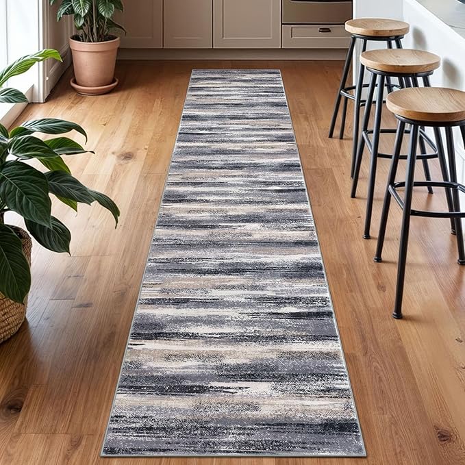 Lansny Modern Abstract Runner Rug 2x10, Grey Black Multi Washable Long Kitchen Runner Non-Slip Soft Hallway Rug Runner Thin Print Faux Wool Carpet for Entryway Bedroom Laundry Room Indoor Home Decor