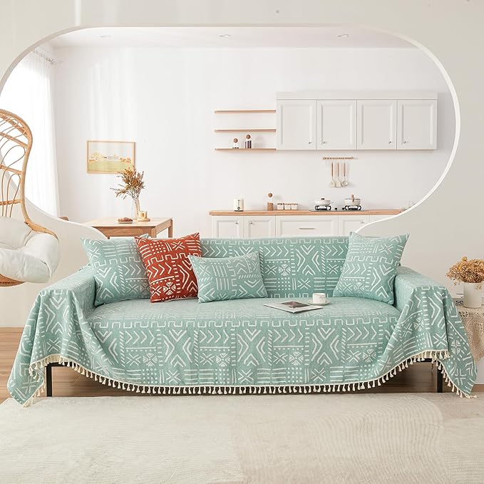 HANDONTIME Farmhouse Sofa Covers - Light Green Aztec Couch Covers for 3 Cushion Sectional Couch, 71" X 118