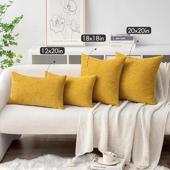 MIULEE Pack of 2 Mustard Yellow Throw Pillow Covers 18x18 Inch Soft Spring Chenille Pillow Covers for Sofa Living Room Couch Solid Dyed Cases