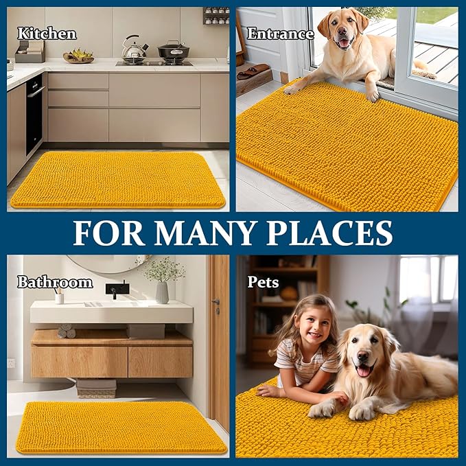OLANLY Dog Door Mat for Muddy Paws 44x32, Absorbs Moisture and Dirt, Absorbent Non-Slip Washable Doormat, Quick Dry Chenille Mud Mat, Entry Indoor Entryway Carpet for Inside Floor, Golden Yellow