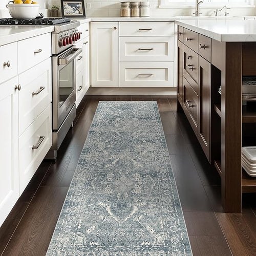 2'6"x8' Washable Hallway Runner Rug - Non Slip Kitchen Runner Rugs with Rubber Backing Vintage Low-Pile Carpet Runners for Entryway Dining Room Laundry Room Home Decor (Blue)