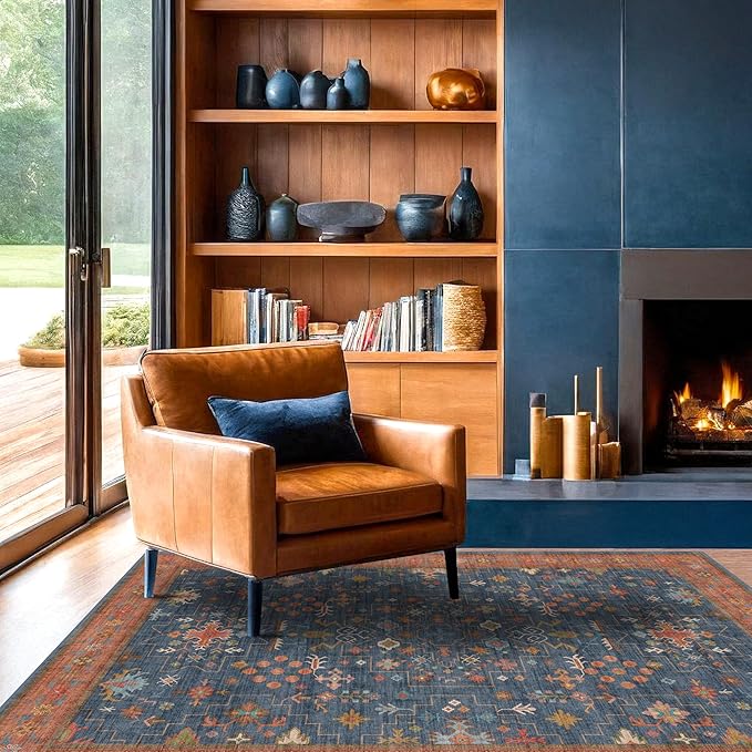 Washable Kitchen Rugs, 3x6 Area Rug for Large Entryway Indoor, Kitchen Mat, Small Rug for Living Room - Stain Resistant Non Skid Non Slip Rubber Backing, Boho Aethestic Décor (3x6 Navy Blue)