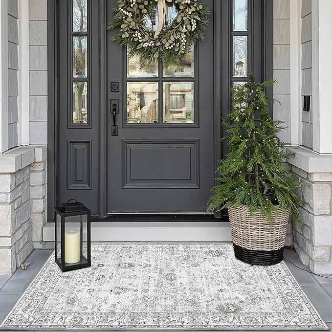 Grey Floral Rug for Entryway, 2x3 Washable Kitchen Mat Ultra-Thin Soft, Non-Slip Indoor Door Carpet Stain Resistant Boho Small Low-Pile Throw for Bathroom Bedroom (2 x 3, Grey)
