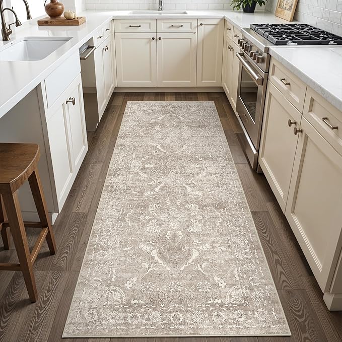Hallway 2x6 Runner Rug - Vintage Non-Slip Long Rug for Entryway Low-Pile Washable Medallion Runner Rugs for Hallway Waterproof Traditional Runner Rug Indoor Thin Rugs for Kitchen (Beige)