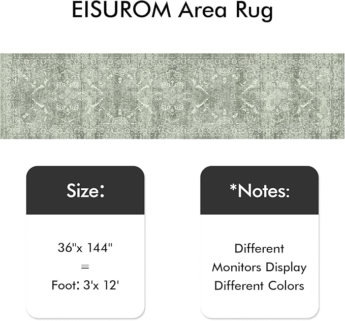 Washable 3x12 Runner Rug - Non-Slip Vintage Runner Rug for Entryway Low-Pile Medallion Long Rugs for Hallway Waterproof Traditional Runner Rugs Indoor Thin Rug for Kitchen (Muted Sage Green)