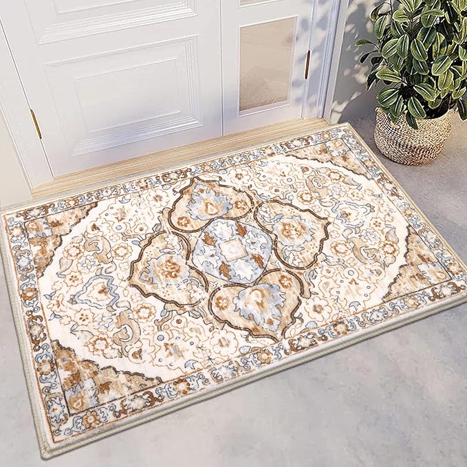 HEBE Washable Area Rug 2'x3' Non Slip Soft Distressed Medallion Bedroom & Living Room Accent Throw Vintage Entry Floor Carpet for Dining Room & Bathroom Entryway