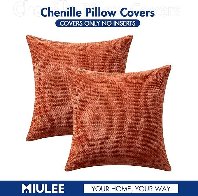MIULEE Pack of 2 Fall Burnt Orange Decorative Pillow Covers 16x16 Inch Soft Chenille Couch Throw Pillows Farmhouse Cushion Covers for Home Decor Sofa Bedroom Living Room