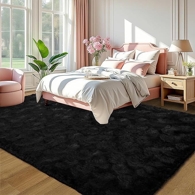 LOCHAS Ultra Soft Indoor Modern Area Rugs Fluffy Living Room Carpets for Children Bedroom Home Decor Nursery Rug 4x5.3 Feet,Black
