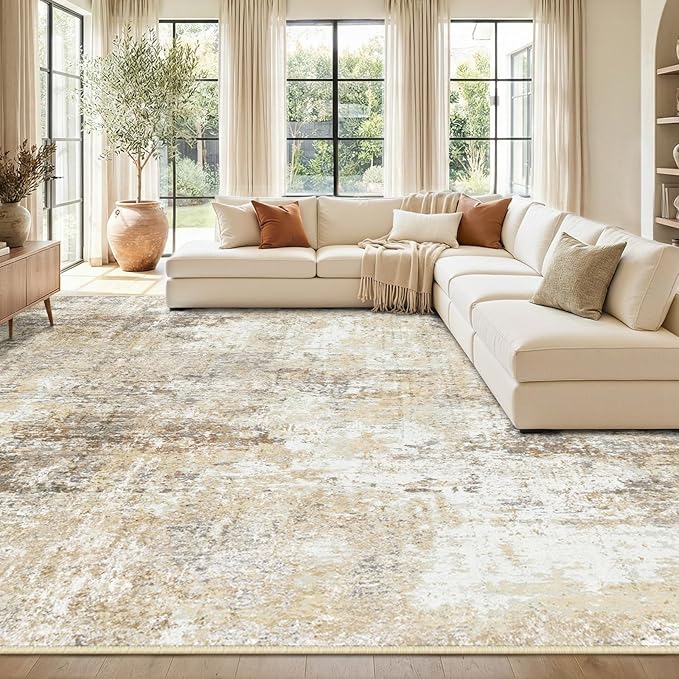 Washable Area Rugs 9'x12' Non-Slip Modern Abstract Soft for Living Room Entryway Bedroom Nursery, Print Pattern, Neutral Brown Gray