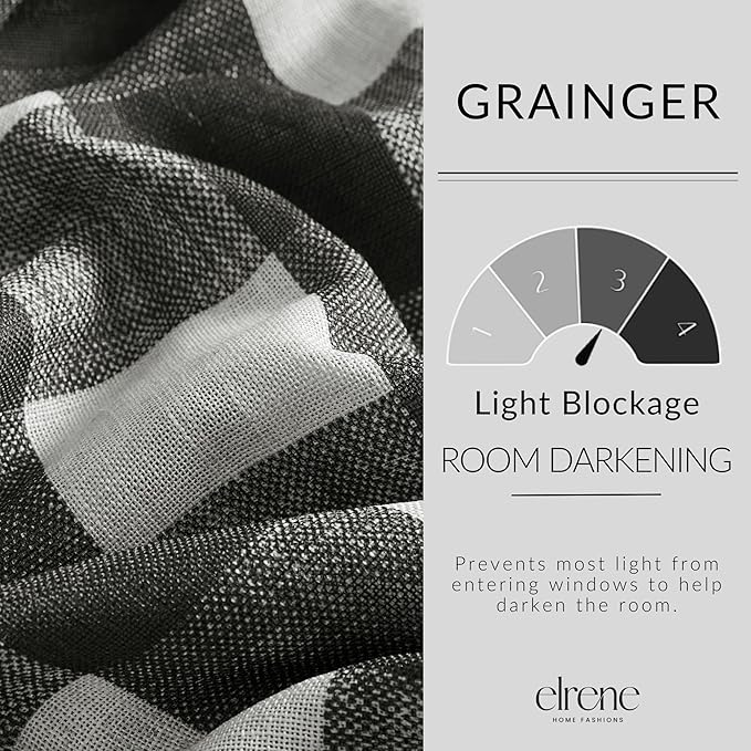 Elrene Home Fashions Farmhouse Living Grainger Buffalo-Check Room Darkening Window Curtain, Living Room and Bedroom Drape with Rod Pocket Tabs, 52" x 108", Black, 1 Panel