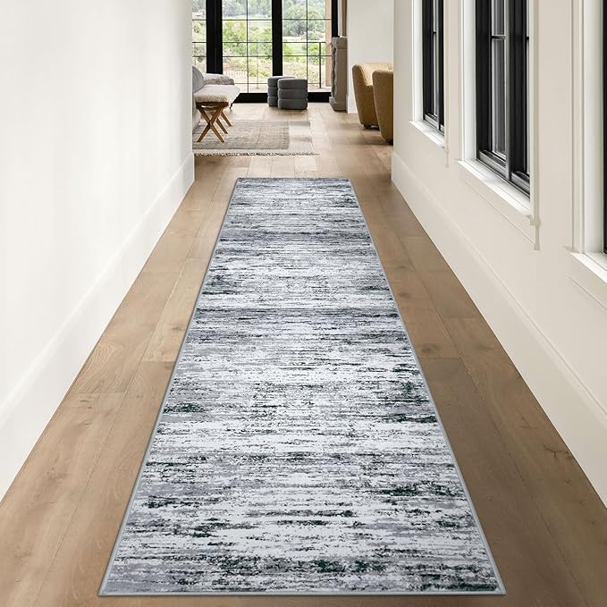 Lansny Modern Abstract Runner Rug 3x10, Black Grey White Washable Kitchen Runner Non-Slip Soft Hallway Rug Runner Thin Print Faux Wool Carpet for Entryway Bedroom Laundry Room Indoor Home Office Decor