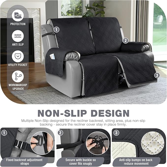 TAOCOCO 100% Waterproof Oversized Loveseat Recliner Cover, Non Slip Split Couch Covers for Reclining Loveseat with Elastic Straps for Kids Pets(Oversized 2 Seater, Black)